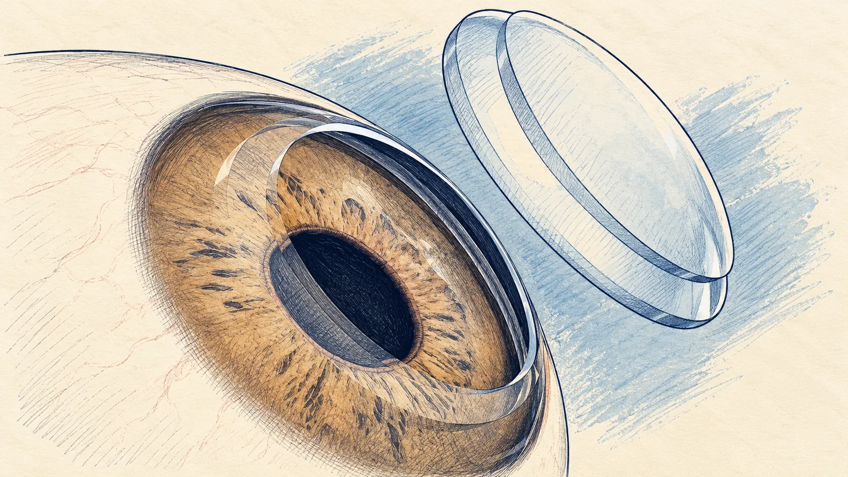 Ilustração de um olho com lentes de contato, lembrando os quatro transplantes de córnea de André.