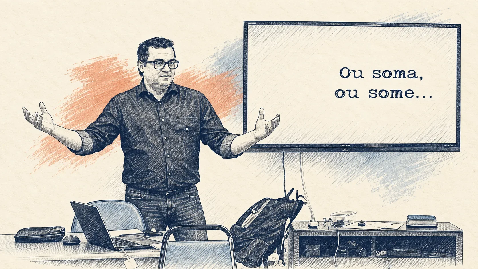 André Ribeiro conduz uma sala diante de uma tela com a frase: ou soma, ou some.