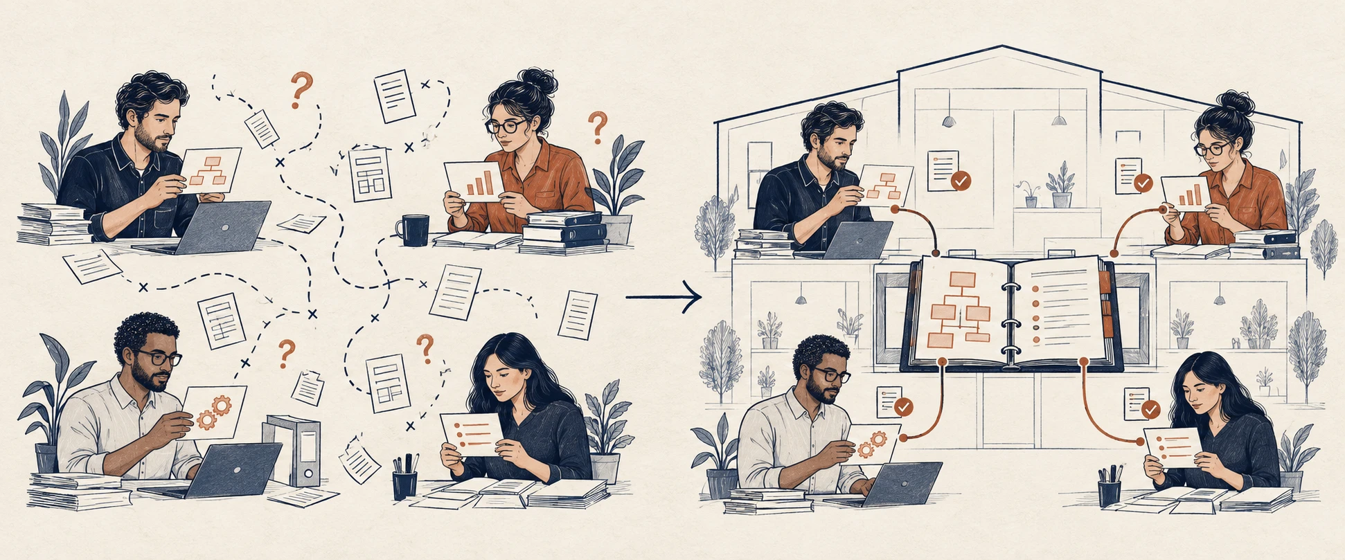 Antes, a equipe perdida em perguntas; depois, a mesma equipe trabalhando com o manual da empresa.