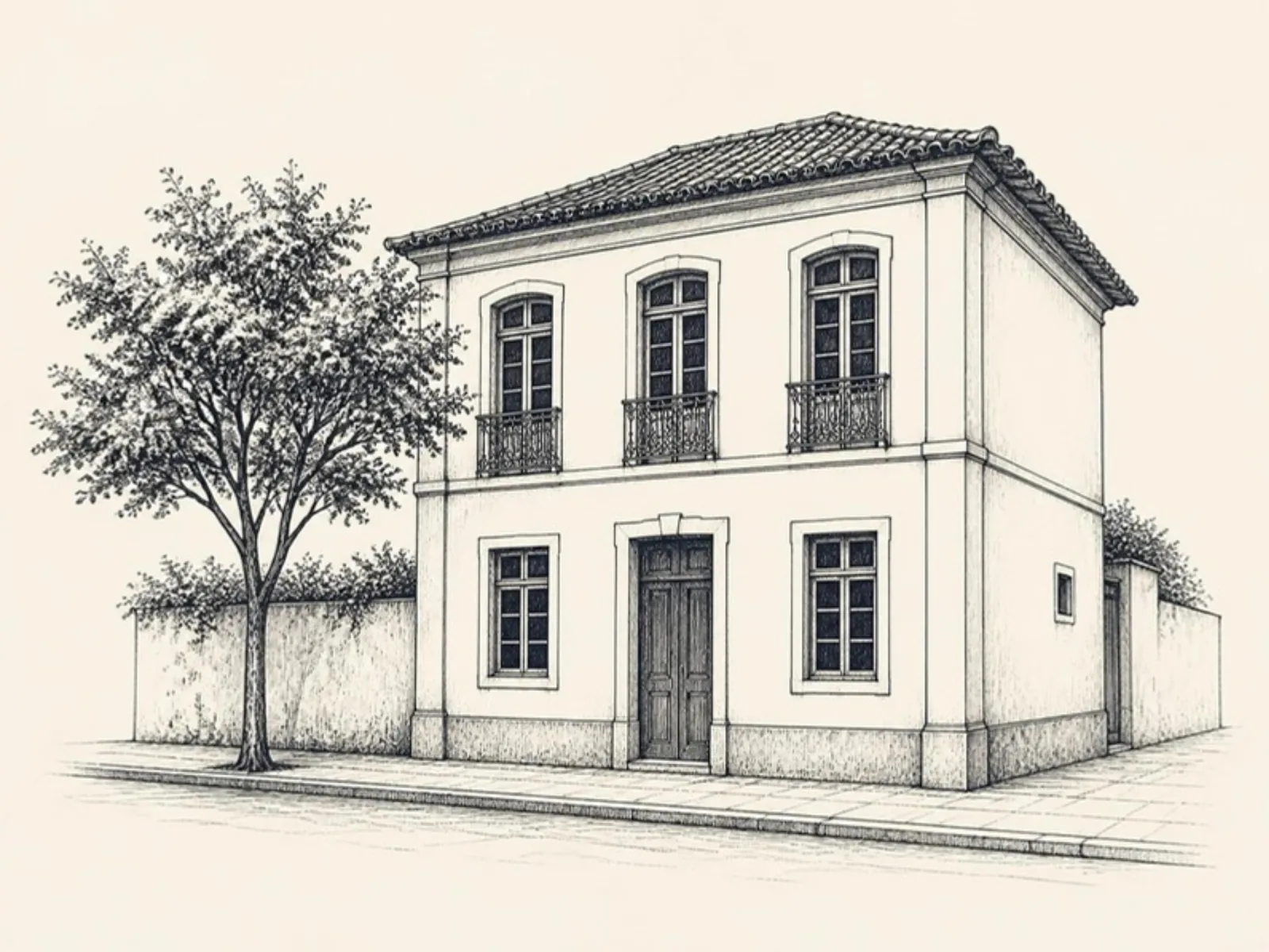 A fachada da empresa, uma casa de dois andares com uma árvore.