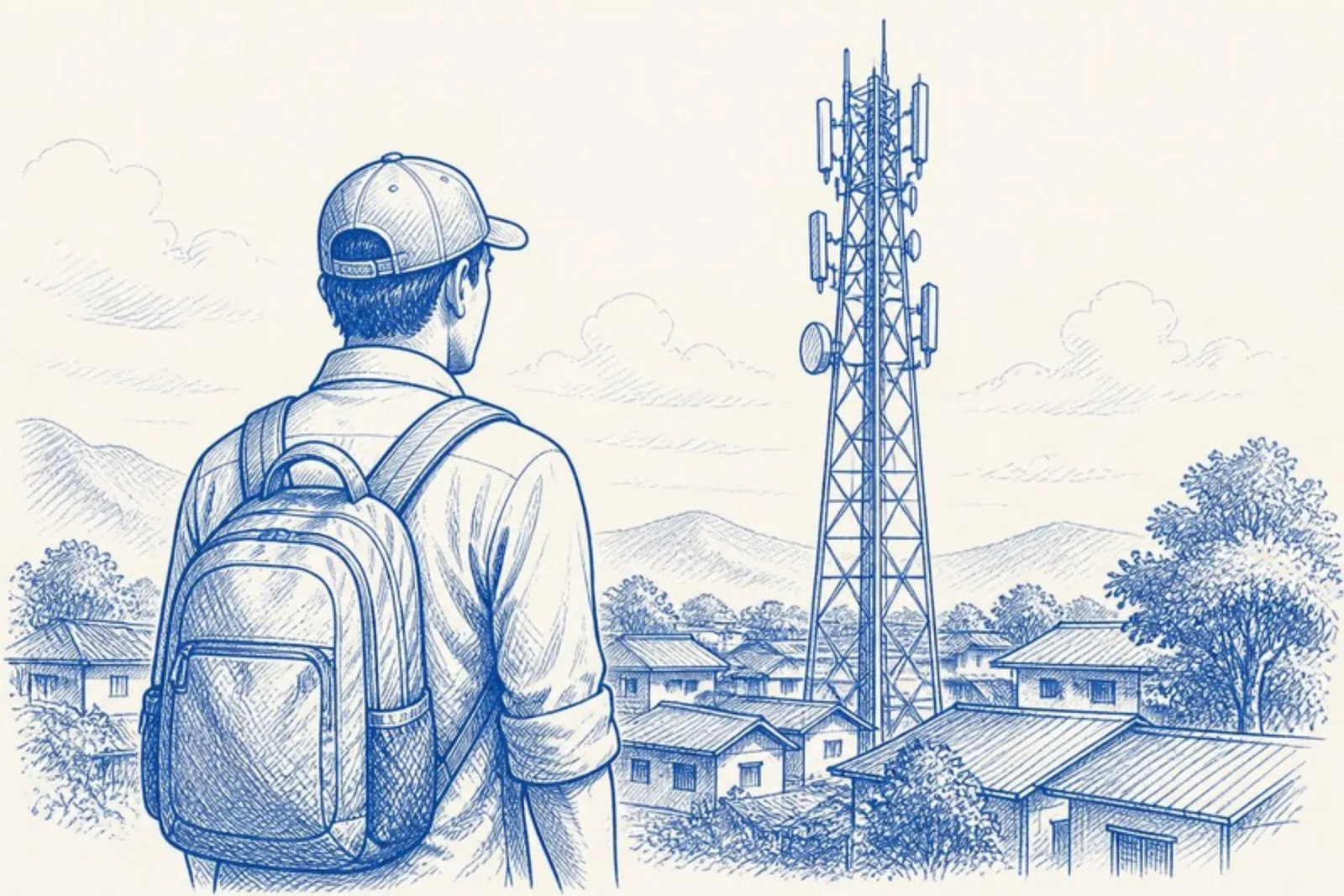 O técnico de boné e mochila diante de uma torre de transmissão.
