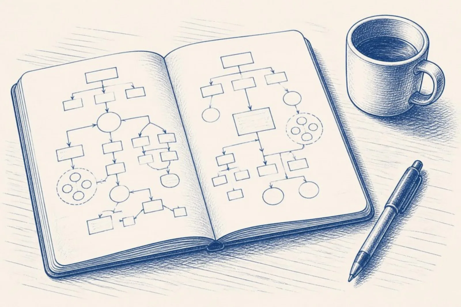 Um caderno aberto com fluxos desenhados à mão, ao lado de uma xícara.