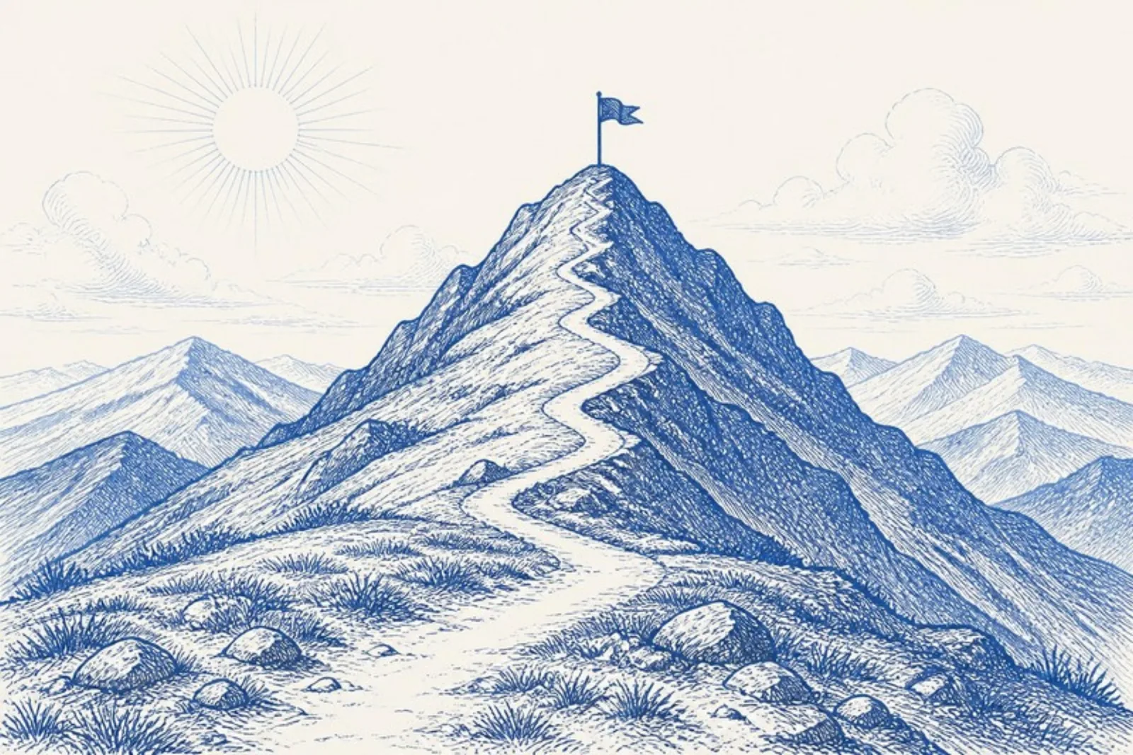 O caminho que sobe a montanha até a bandeira no topo.