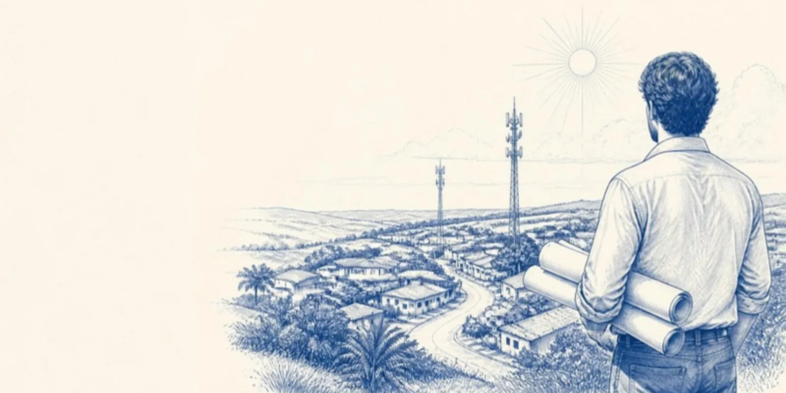 Um homem com um rolo de projeto observa uma cidade com torres de transmissão.