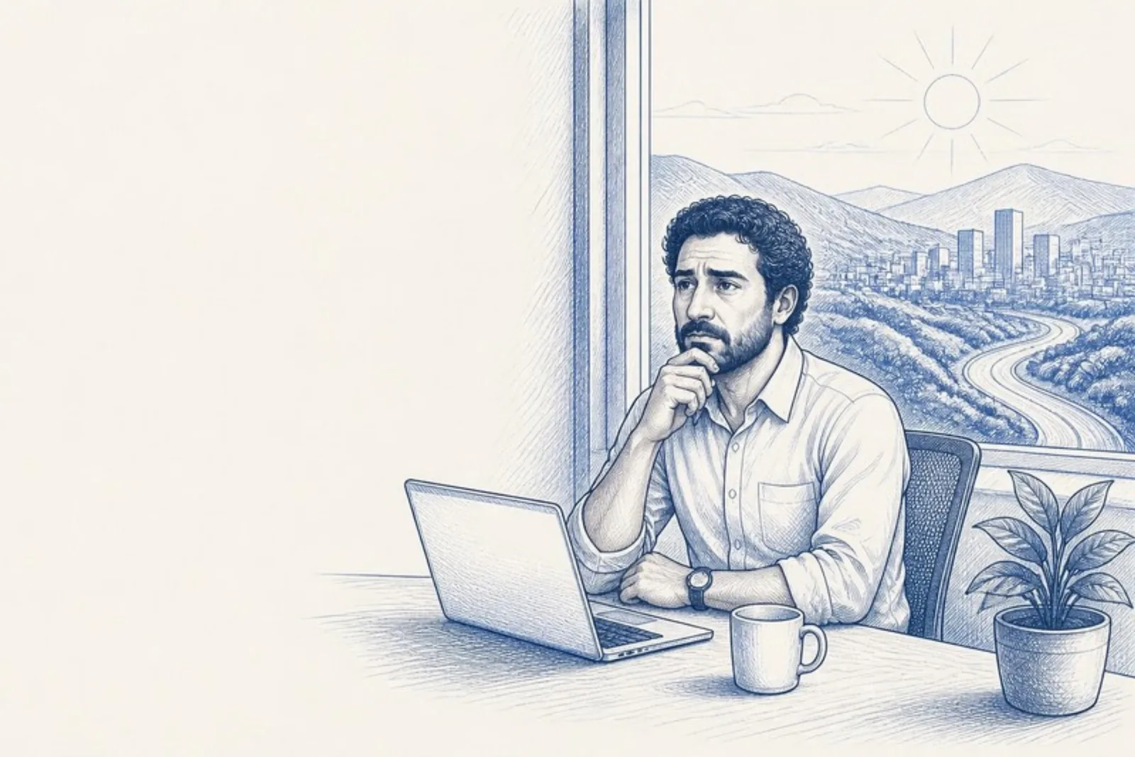 O dono no notebook, pensando, diante da janela.