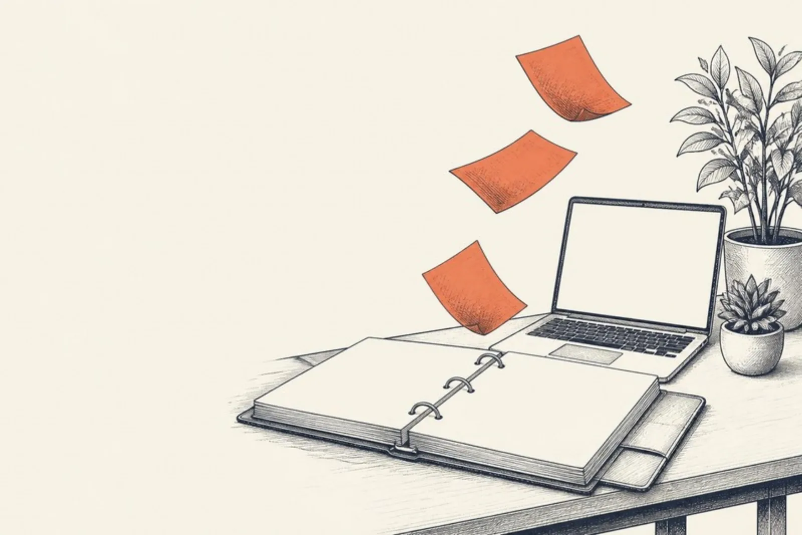 O manual da empresa aberto ao lado do notebook, com as folhas soltas sendo reunidas.