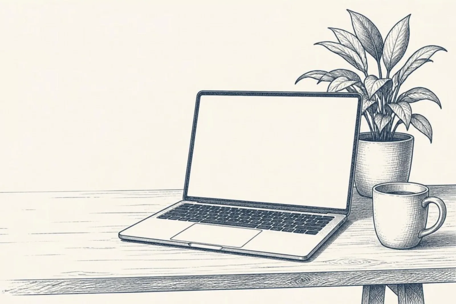 Um notebook aberto sobre a mesa, ao lado de uma planta e de uma xícara.