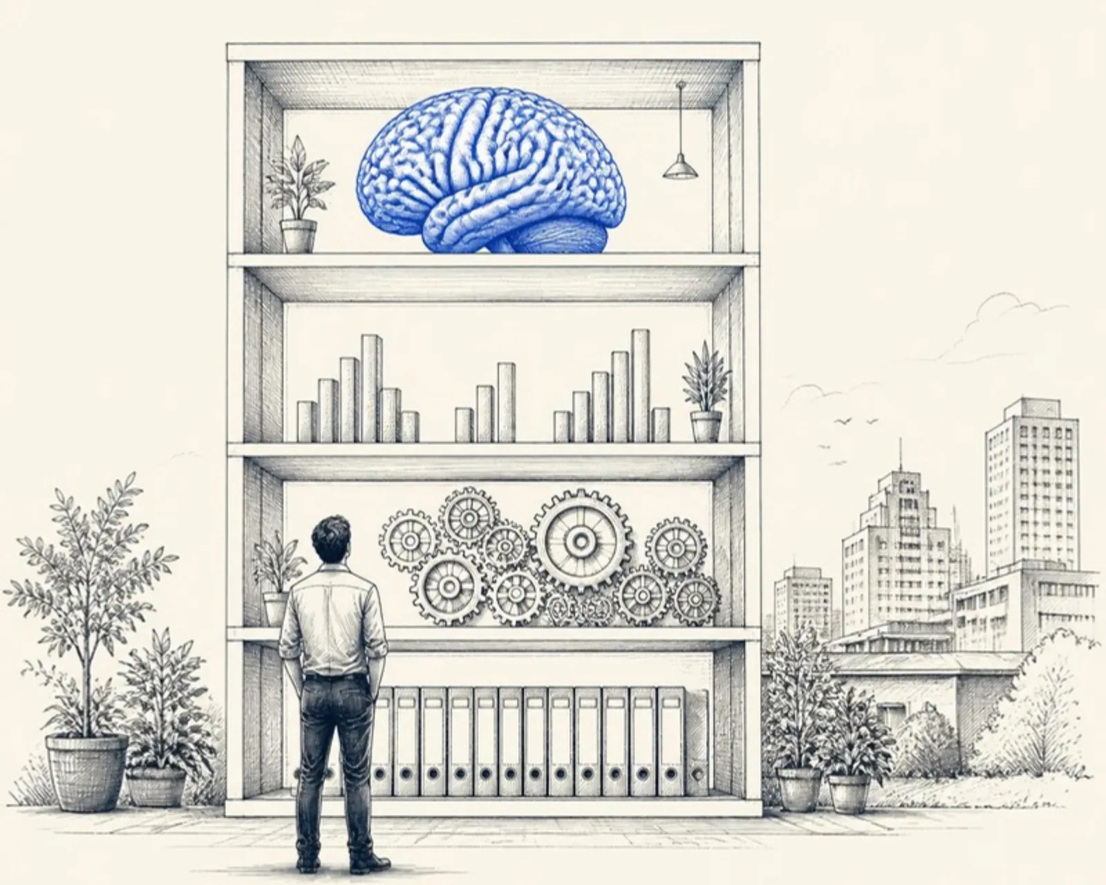 A estante da empresa, com o cérebro, as engrenagens e as pastas.