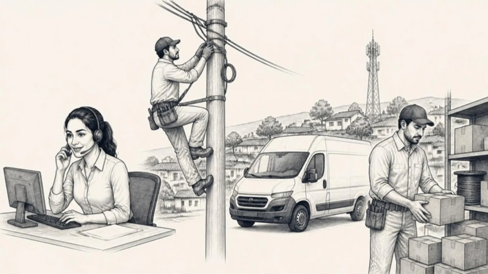 A operação de um provedor: atendimento, técnico no poste, carro de campo e estoque.