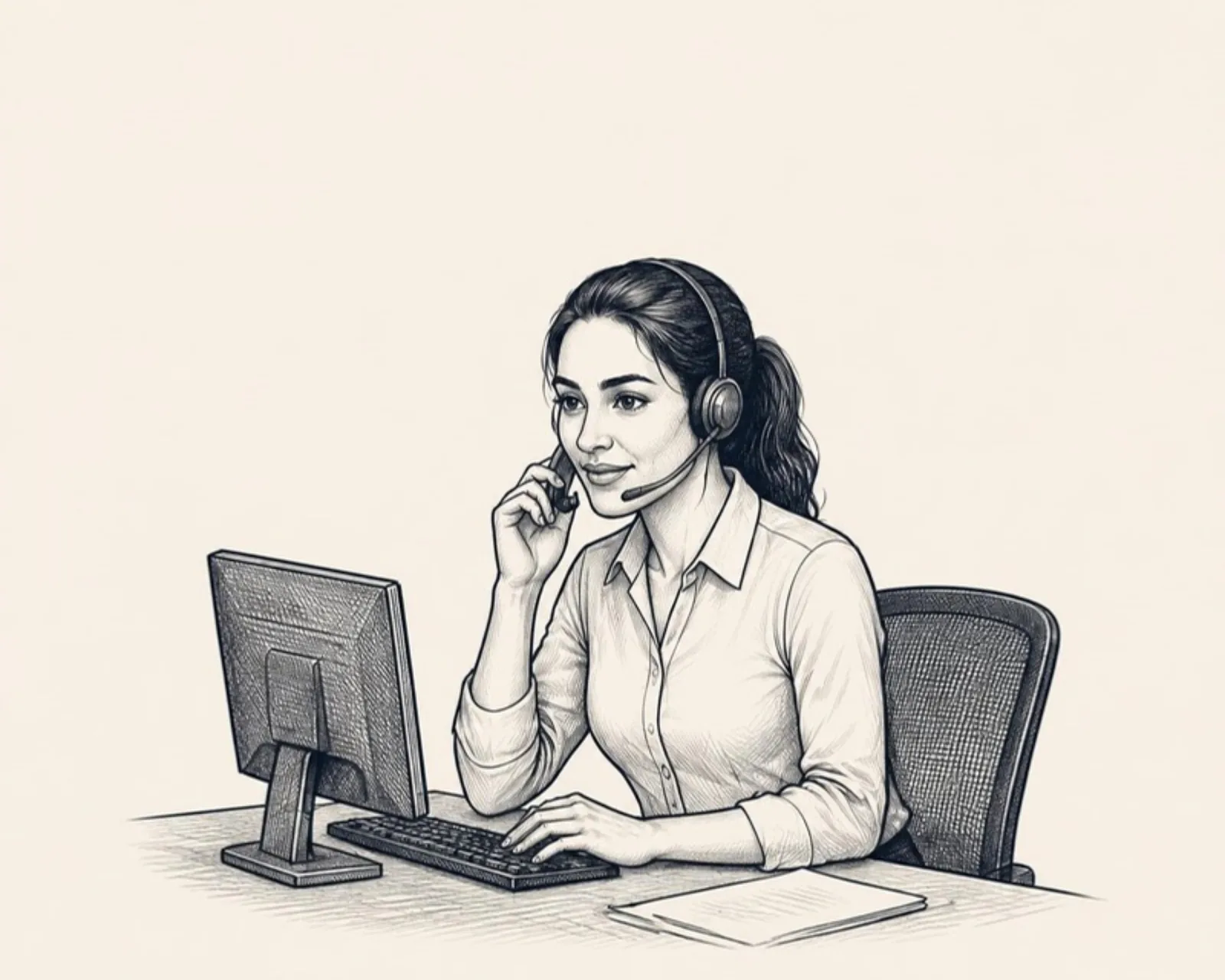 A atendente com headset no computador.