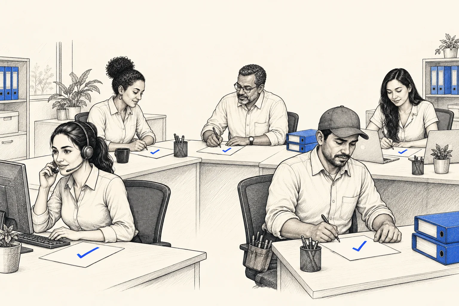 Cada pessoa da equipe no seu posto, com a sua folha de processo, trabalhando.