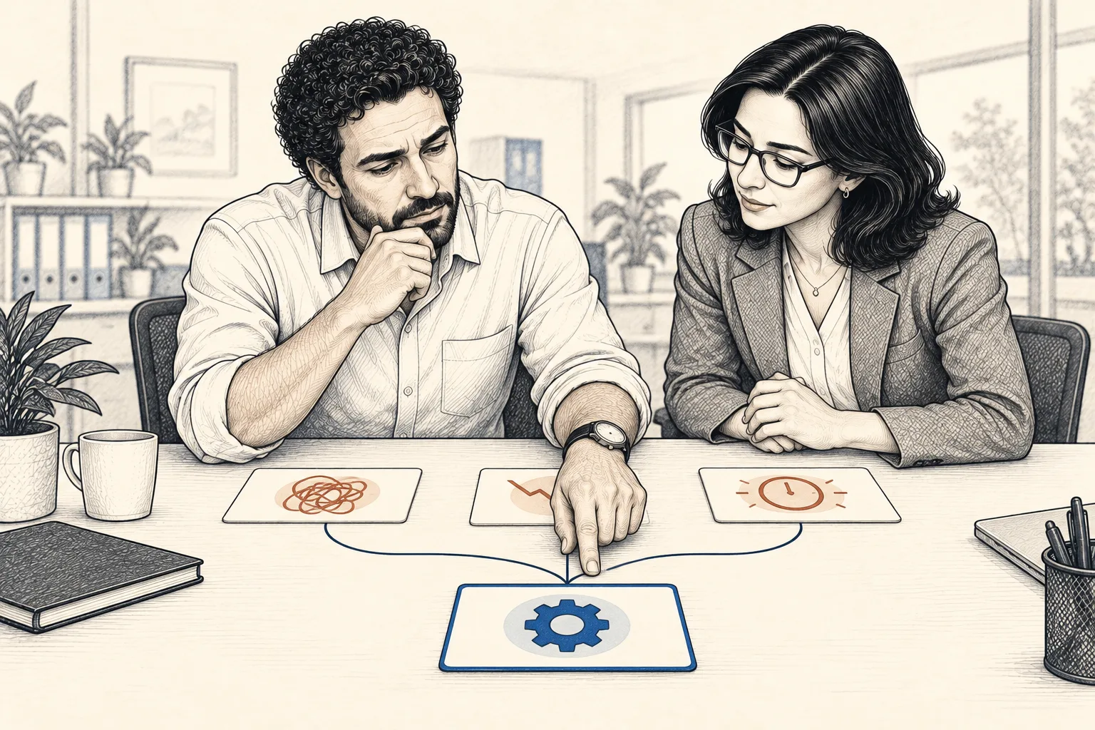 O dono e a gerente seguem as pistas na mesa até a causa do problema, marcada em azul.