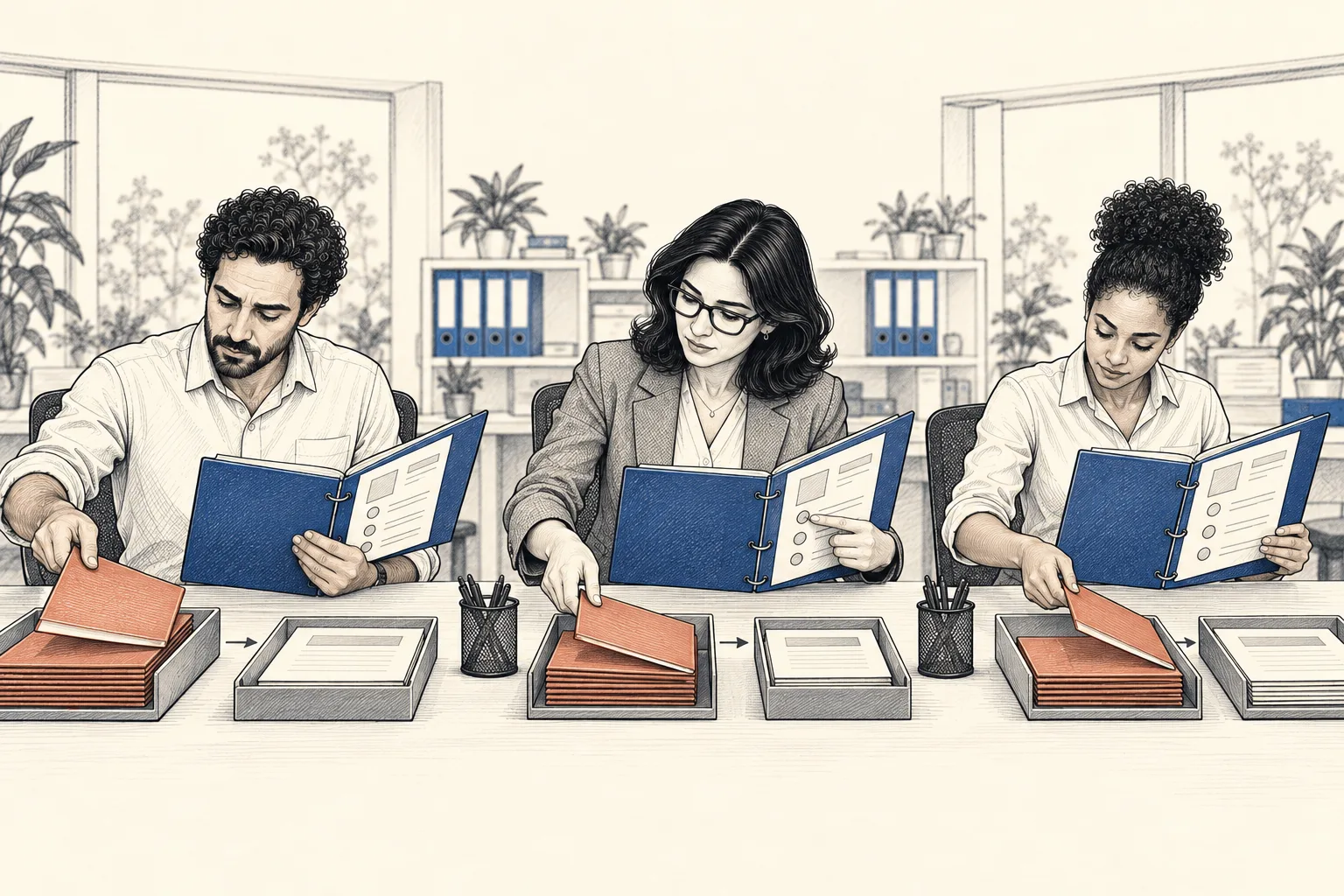 A equipe passa a trabalhar com a mesma pasta azul, cada um no seu posto.