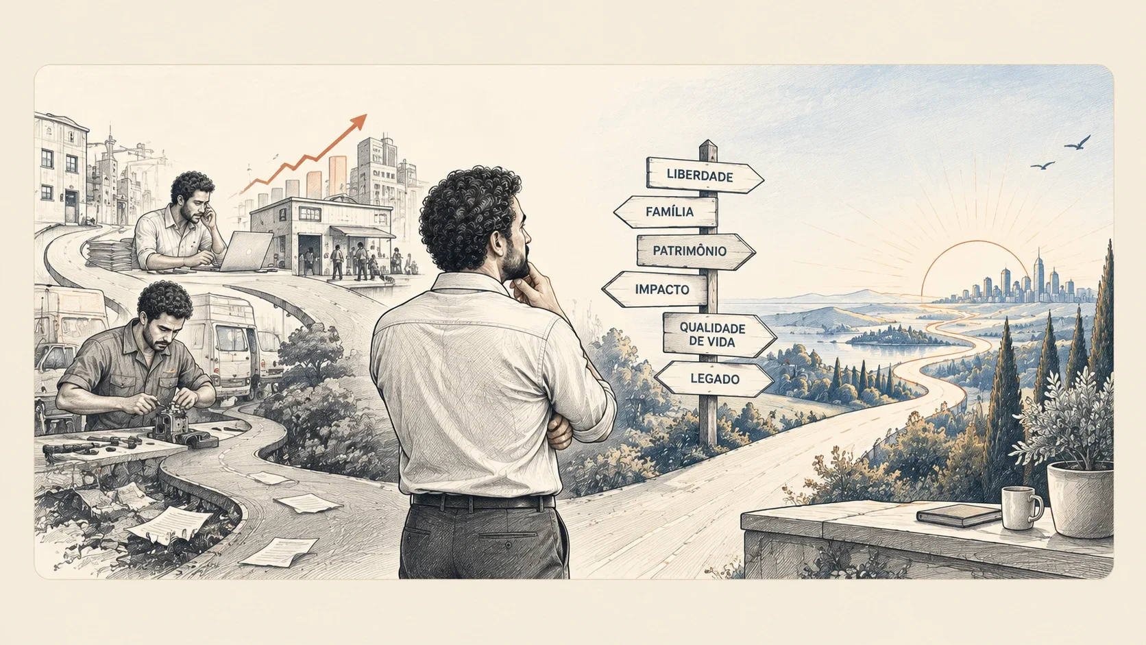 De costas, o empresário olha o horizonte. Atrás dele, a trajetória de técnico a dono; à frente, placas apontam liberdade, família, patrimônio, impacto, qualidade de vida e legado.