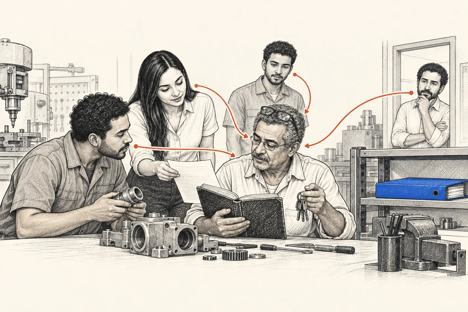 O Seu João no centro da oficina: todos à volta dependem dele para saber como fazer.