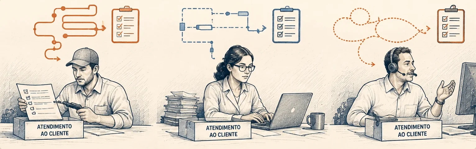 Três funcionários fazem o mesmo atendimento ao cliente, cada um por um caminho diferente até a sua lista de tarefas.