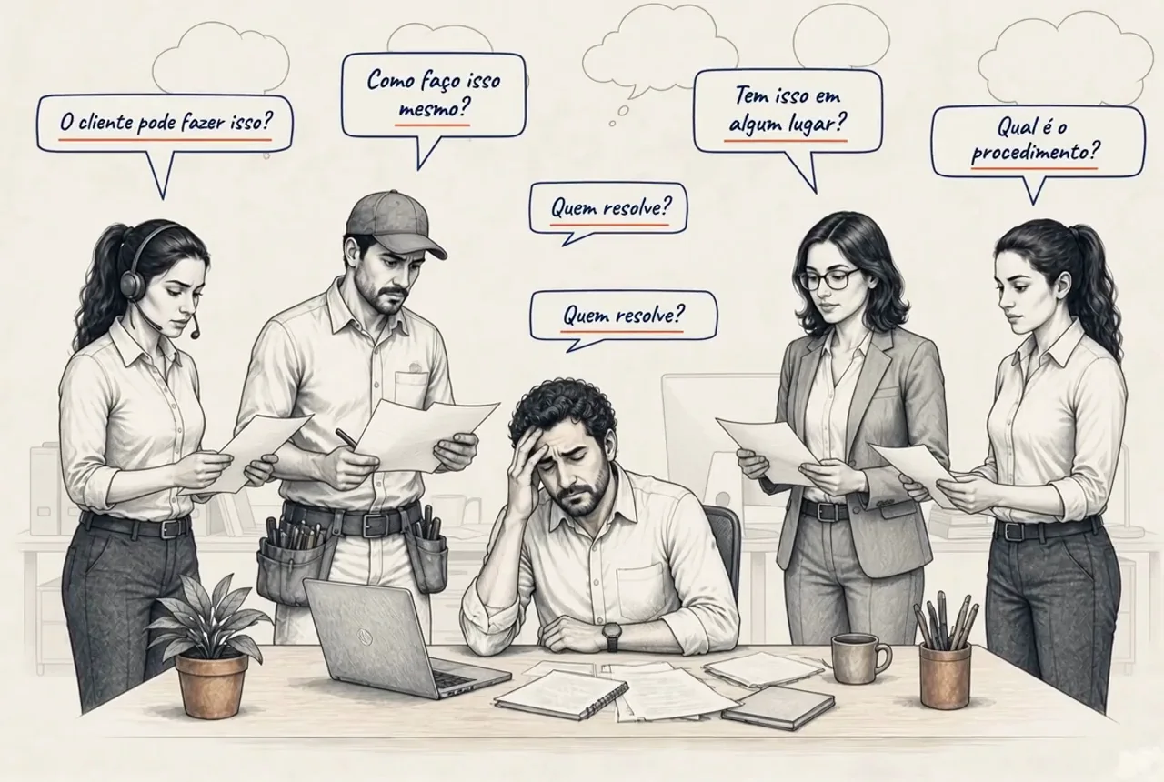 A equipe cerca o dono com papéis, e os balões repetem as perguntas: quem resolve? qual é o procedimento? tem isso em algum lugar?