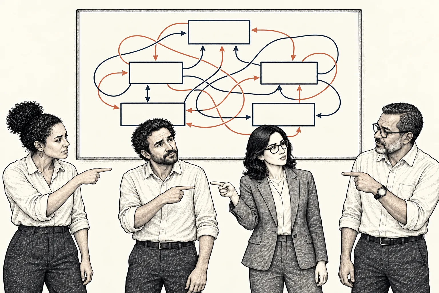 Quatro colegas apontam uns para os outros diante de um organograma com as linhas embaralhadas.