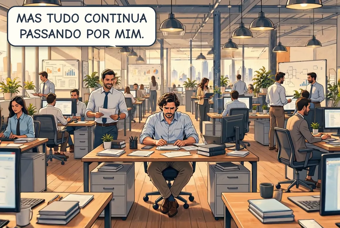 O dono caminha pelo escritório cheio de gente trabalhando. Depois lidera uma reunião com a equipe à mesa. Por fim, volta à própria mesa e os pedidos chegam de todos os lados, até ele ficar sozinho entre papéis no meio do escritório grande.