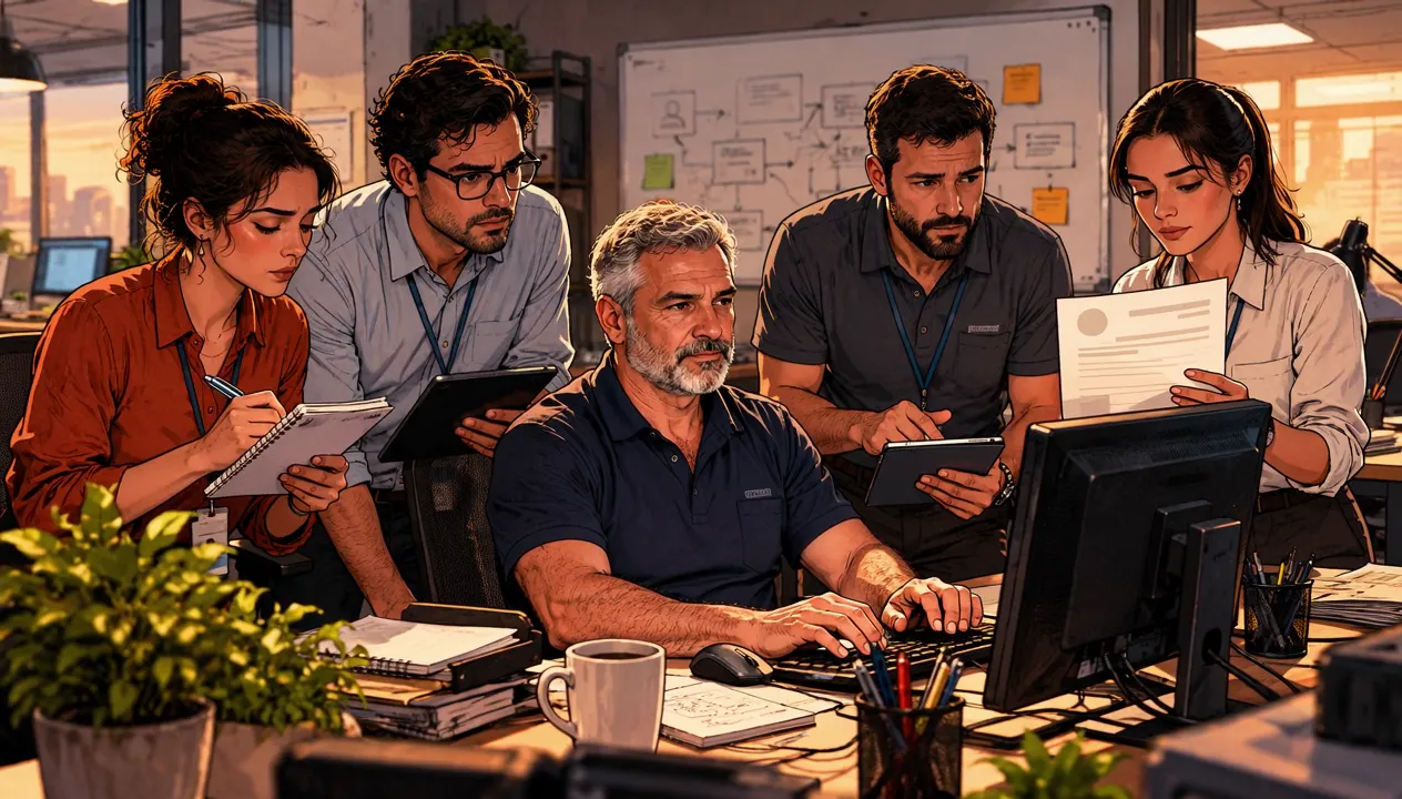 A equipe se junta em volta de um colega mais velho, o João, com papéis e perguntas: todos dependem dele para saber como fazer.