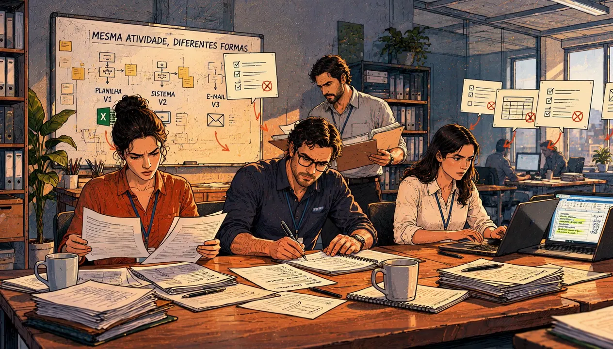 Funcionários trabalham entre pilhas de papel diante de um quadro cheio de anotações, cada um do seu jeito.