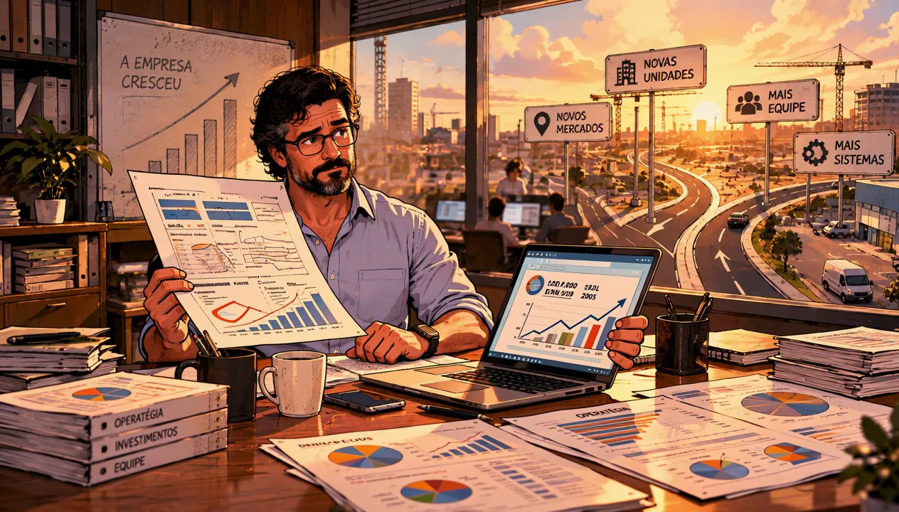 O dono olha gráficos e relatórios na mesa, com a cidade e a estrada ao fundo pela janela.